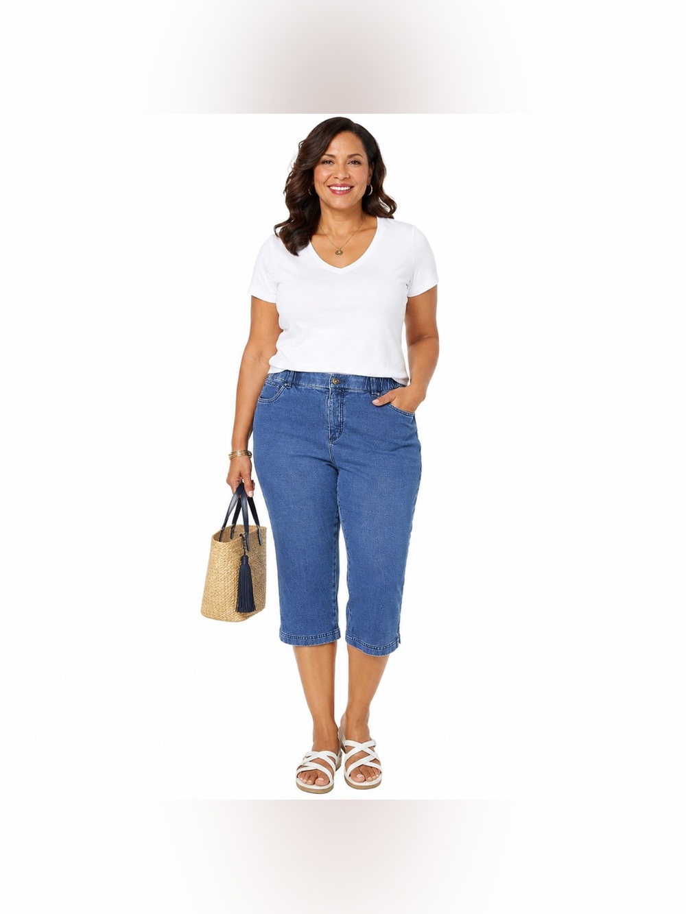 D&Co Stretch Blue Pull-On Casual Capri Denim Shorts Size 14